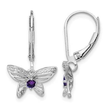 Sterling Silver Rhodium-Plated Amethyst & Diamond Butterfly Earrings Elegant Women's Birthstone Design - Birthstone Company