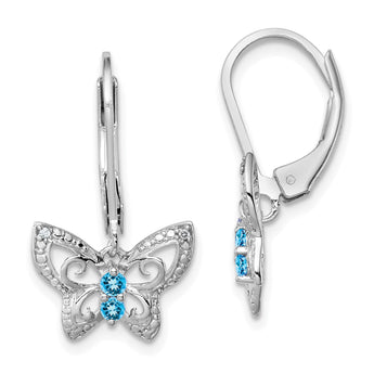 Sterling Silver Rhodium-Plated Blue Topaz and Diamond Dangle Earrings Polished, Elegant Design