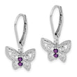 Sterling Silver Rhodium-Plated Amethyst and Diamond Butterfly Drop Earrings for Women