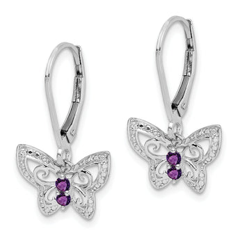 Sterling Silver Rhodium-Plated Amethyst and Diamond Butterfly Drop Earrings for Women
