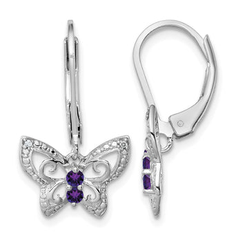Sterling Silver Rhodium-Plated Amethyst and Diamond Butterfly Drop Earrings for Women - Birthstone Company