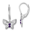 Sterling Silver Rhodium-Plated Amethyst and Diamond Butterfly Drop Earrings for Women