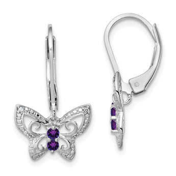 Sterling Silver Rhodium-Plated Amethyst and Diamond Butterfly Drop Earrings for Women