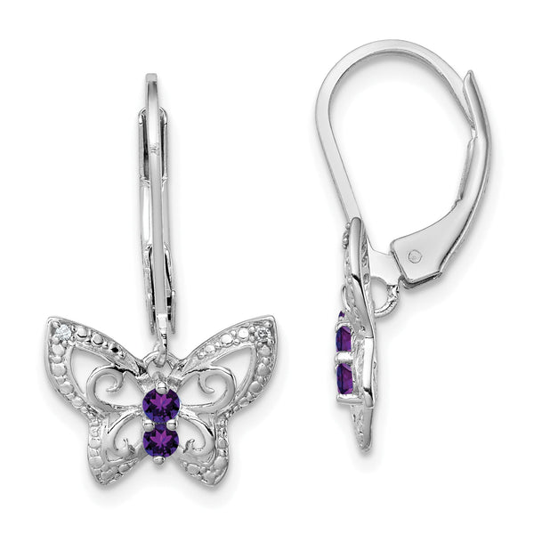 Sterling Silver Rhodium-Plated Amethyst and Diamond Butterfly Drop Earrings for Women