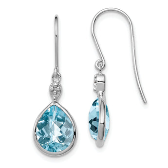 Sterling Silver Blue Topaz and Diamond Drop Earrings with Rhodium Finish