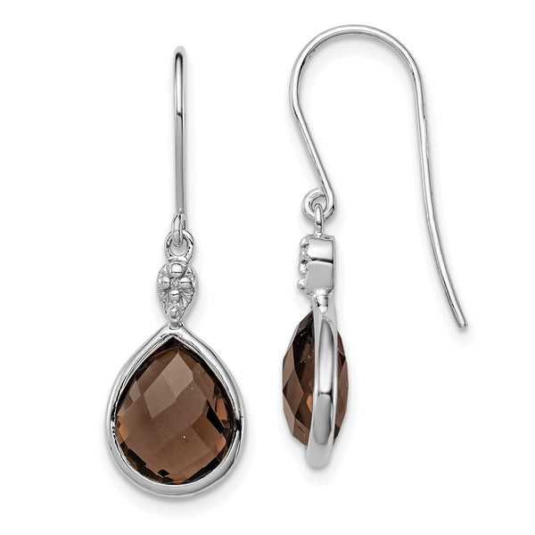 Sterling Silver Diamond & Smoky Quartz Dangle Earrings with Rhodium Finish
