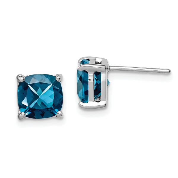 Sterling Silver London Blue Topaz Cushion Stud Earrings Rhodium Plated Polished Finish