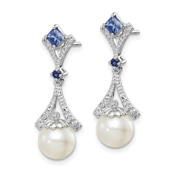 Sterling Silver Drop Earrings with Diamonds, Freshwater Pearls, and Lab-Created Sapphires