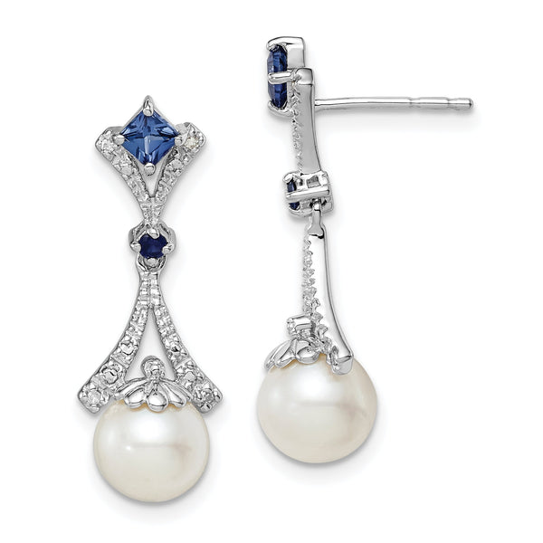 Sterling Silver Drop Earrings with Diamonds, Freshwater Pearls, and Lab-Created Sapphires
