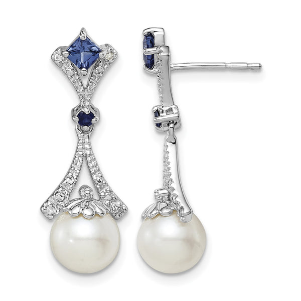 Sterling Silver Drop Earrings with Diamonds, Freshwater Pearls, and Lab-Created Sapphires - Birthstone Company
