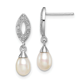Sterling Silver Pearl & Diamond Drop Earrings with Rhodium Finish