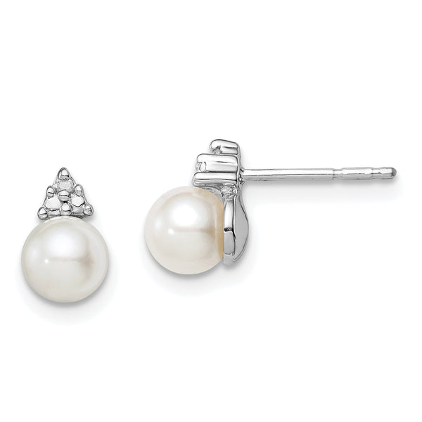 Sterling Silver Diamond and Freshwater Pearl Earrings with Rhodium Plating, Polished Finish