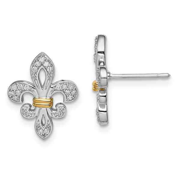 Sterling Silver & 14K Gold Fleur de Lis Diamond Post Earrings, Polished Finish