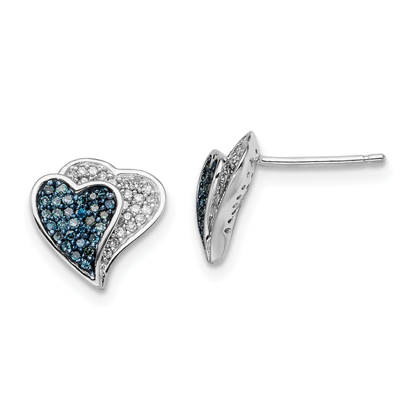 Sterling Silver Blue & White Diamond Heart Earrings Rhodium Plated Gift Ready