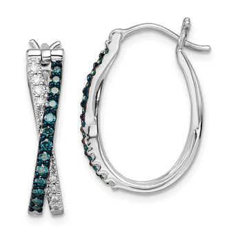Sterling Silver Rhodium-Plated White & Blue Diamond Hoop Earrings Gift Ready Elegant Design.