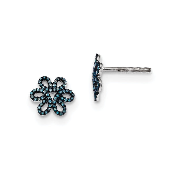 Sterling Silver Blue Diamond Flower Earrings Rhodium-Plated Gift Ready