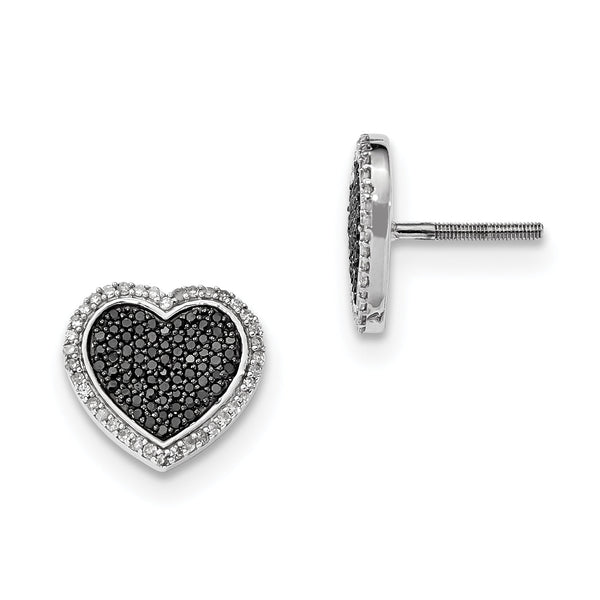 Sterling Silver 925 Black and White Diamond Heart Earrings Gift-Ready
