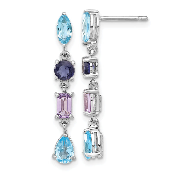 Sterling Silver Rhodium Dangle Earrings with Amethyst, Blue Topaz & Iolite