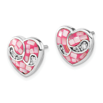 Sterling Silver 925 Heart Earrings with Pink Mother of Pearl & CZ