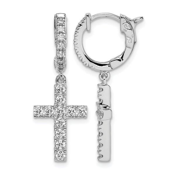 Sterling Shimmer Sterling Silver Rhodium-plated 36 Stone CZ Cross Dangle Hinged Hoop Earrings - Birthstone Company