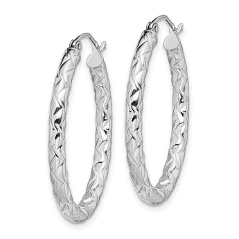 Sterling Silver RH-plated D/C Textured 3mm Oval Hoop Earrings - Birthstone Company