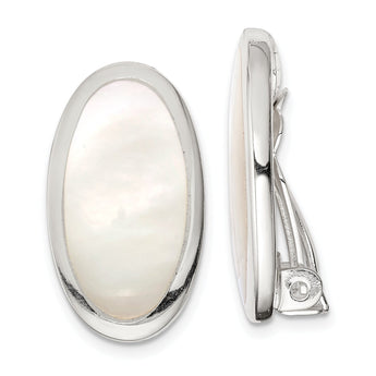 Sterling Silver Mother of Pearl Oval Non-Pierced Button Earrings, Rhodium-Plated