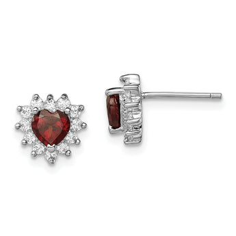 Sterling Silver 925 Garnet and CZ Heart Earrings with Rhodium-Plated Finish