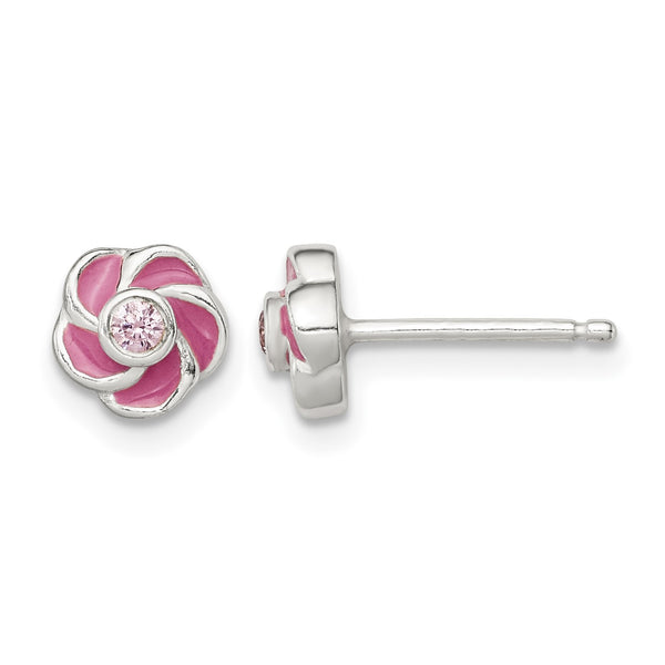 Sterling Silver Polished Enamel Flower CZ Post Earrings - Birthstone Company
