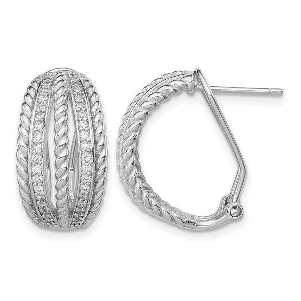 Sterling Silver RH-plated Polished Rope CZ Omega Back C-Hoop Earrings - Birthstone Company