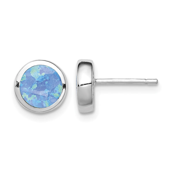 Sterling Silver RH-plated Polished Blue Created Opal Round Stud Earrings - Birthstone Company