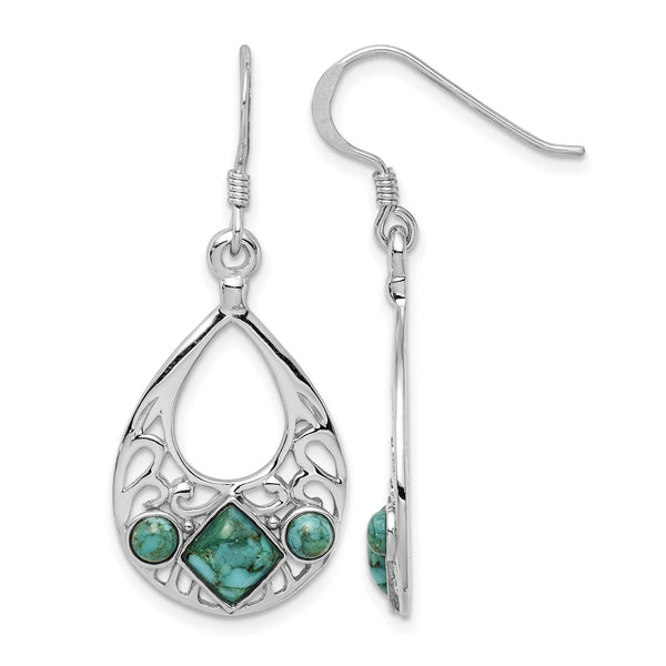 Sterling Silver Rhodium-plated Recon. Turquoise Dangle Earrings - Birthstone Company