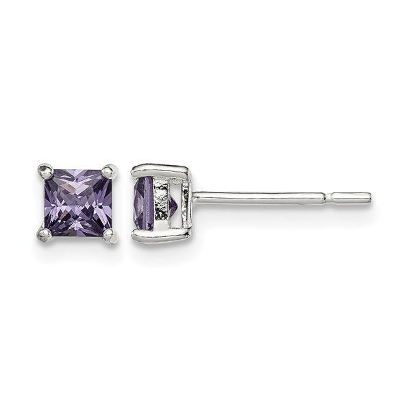 Sterling Silver Polished Square 4mm Purple CZ Stud Earrings - Birthstone Company