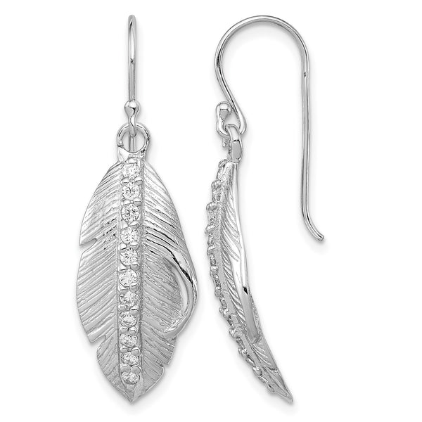 Sterling Silver RH-plated CZ Textured Feather Shepherd Hook Earrings - Birthstone Company