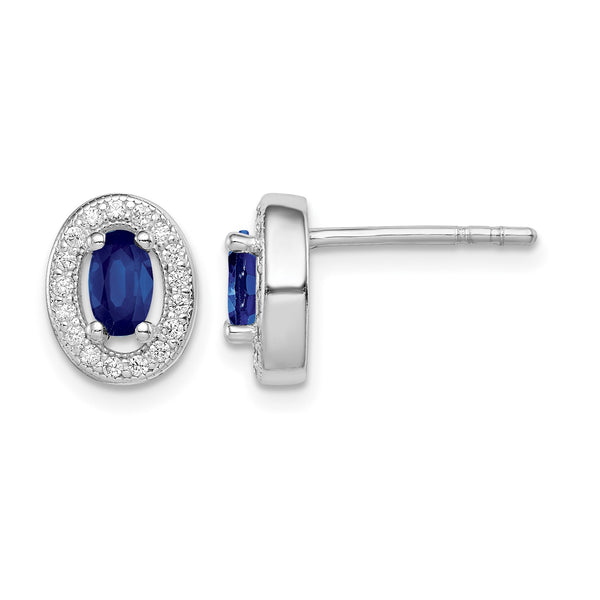 Sterling Silver Rhod-plated Blue and White CZ Oval Stud Earrings - Birthstone Company