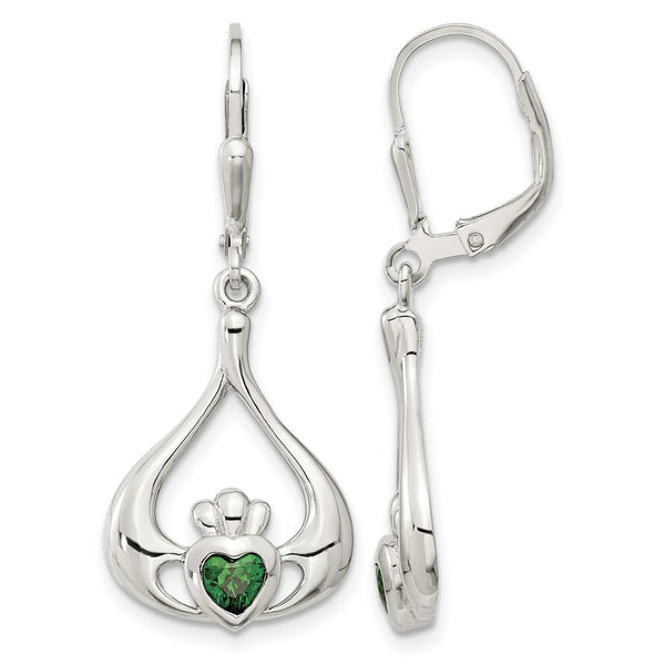 Sterling Silver Rhod-pltd Grn CZ Heart Leverback Claddagh Dangle Earrings - Birthstone Company