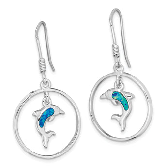 Sterling Silver Rhodium w/Created Blue Opal Dolphin Dangle Earrings