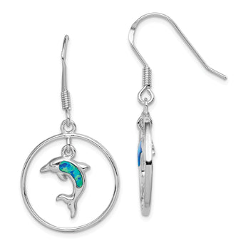 Sterling Silver Rhodium w/Created Blue Opal Dolphin Dangle Earrings