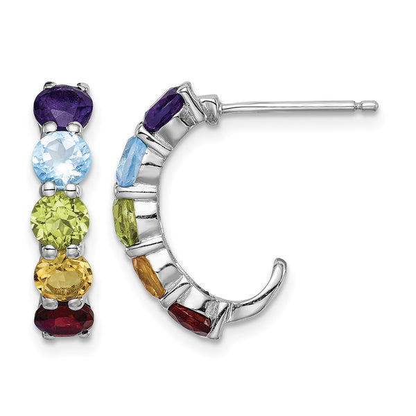 Sterling Silver Rhodium-plated Multi Gemstone J-Hoop Earrings - Birthstone Company