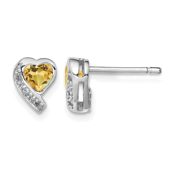 Sterling Silver Rhodium-plated Citrine and Diamond Heart Earrings - Birthstone Company