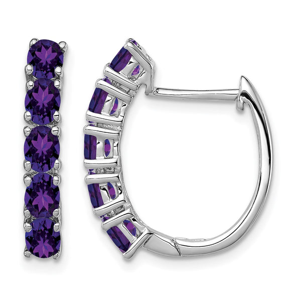 Sterling Silver Rhodium-plated Polished Amethyst Hinged Hoop Earrings - Birthstone Company