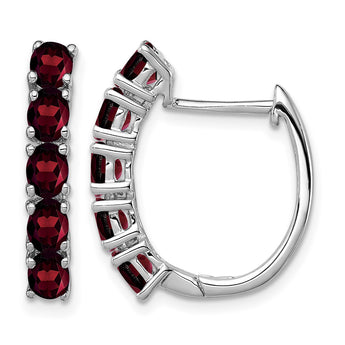 Sterling Silver Rhodium-plated Polished Garnet Hinged Hoop Earrings - Birthstone Company