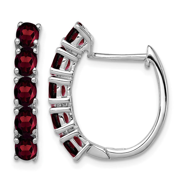 Sterling Silver Rhodium-plated Polished Garnet Hinged Hoop Earrings - Birthstone Company
