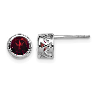 Sterling Silver Rhodium-plated Polished Garnet Round Post Earrings - Birthstone Company