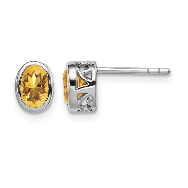 Sterling Silver Rhodium-plated Polished Citrine Oval Post Earrings - Birthstone Company