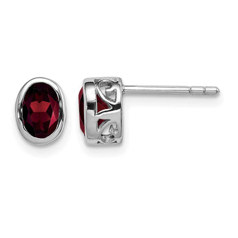 Sterling Silver Rhodium-plated Polished Garnet Oval Post Earrings 8 in - Birthstone Company