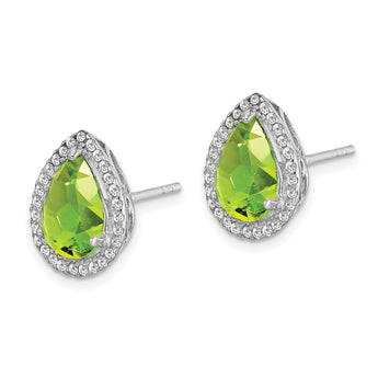 Sterling Silver Rhodium Polished Simulated Peridot & CZ Post Earrings - Birthstone Company