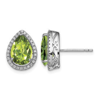 Sterling Silver Rhodium Polished Simulated Peridot & CZ Post Earrings - Birthstone Company