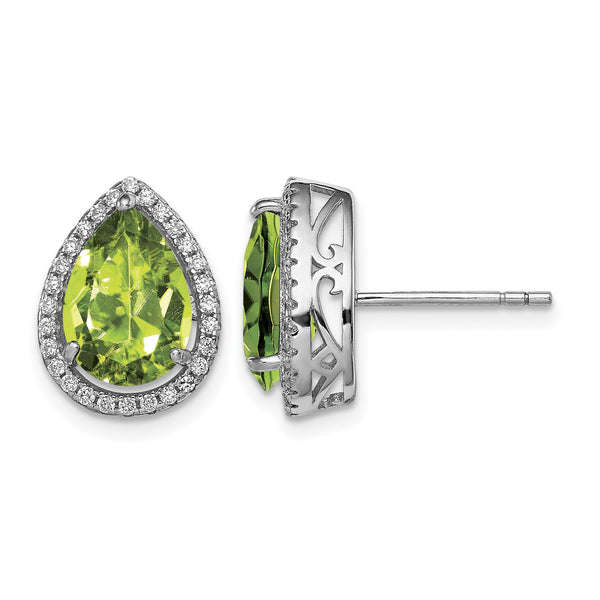 Sterling Silver Rhodium Polished Simulated Peridot & CZ Post Earrings - Birthstone Company