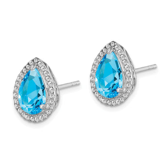 Sterling Silver Rhodium Polished Blue Topaz & CZ Post Earrings - Birthstone Company