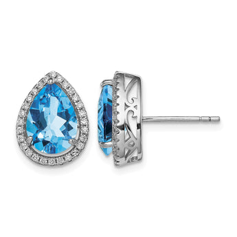 Sterling Silver Rhodium Polished Blue Topaz & CZ Post Earrings - Birthstone Company